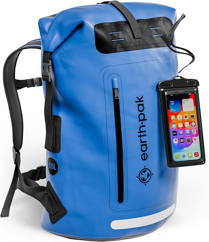 Waterproof Dry Bag Backpack 55L - Kayaking Boating Fishing Rafting Marine | Blue 55L dry bag: 500D PVC, abrasion resistant build, IPX8 phone case for river and lake trips