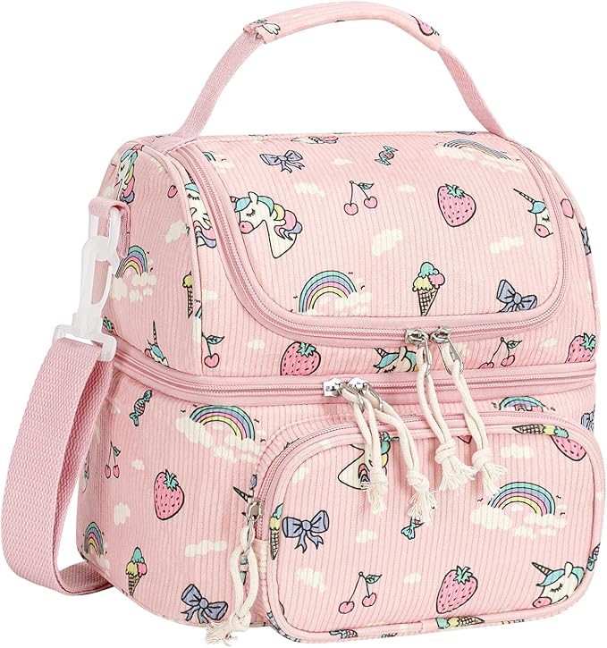 HowFly Lunch Bag for Women Insulated Lunch Boxes Corduroy Resuable Double Deck Lunch Box for Girls Teens Kigs Boys Portable Thermal Cooler Bags for School Work, Unicorn