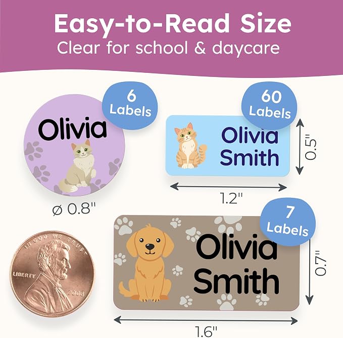 Personalized Daycare Name Labels for Kids [70pcs, Paws] - Waterproof Name Stickers for School, Baby Bottles & Clothing - Custom Name Stickers - Washable Stick On Labels (Various Sizes)