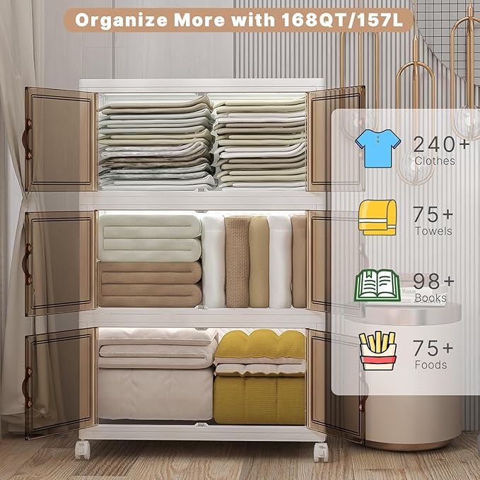 UAMFURI Extra Large Stackable Storage Bins with Lids & Wheels, 504QT-168QT/42GAL*3Pack Foldable Collapsible Closet Organizers Storage Cabinet with Doors for Bedroom Dorm