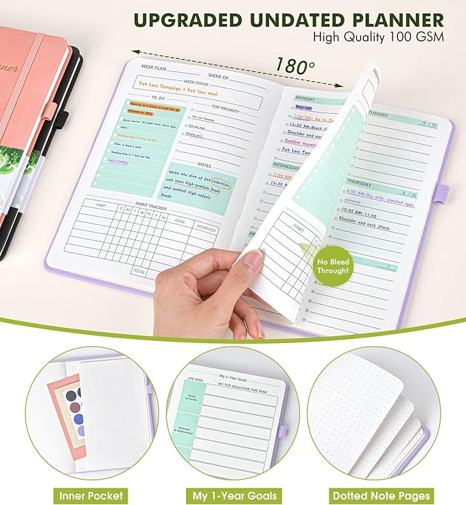 Undated Weekly and Monthly Planner, Hardcover Leather Calendar Blank Planner, Simplified To Do List Notebook with Goal & Habit Tracker Organizer, A5 Daily Weekly Planner for Work School Home, Purple