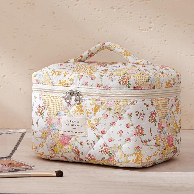 HBselect Quilted Makeup Bag, 3Pcs Cotton Large Travel Makeup Bags Organizer | Cute Floral Make up Bag Cosmetic Bag Toiletry Bag for Women Girls, Makeup Pouch for Skincare, Brushes & Travel Essentials