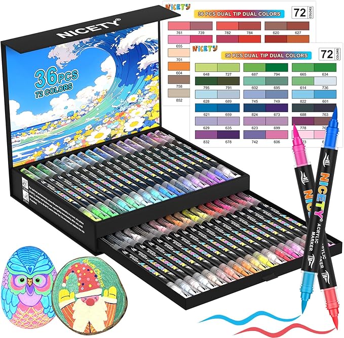 NICETY 72 Colors Dual-Tip Acrylic Paint Markers – 36 Double-Color Brush Pens with 1–5mm Flexible Tips, Water-Based Quick-Dry Non-Toxic Paint Pens for Rock Wood Glass Ceramic Metal Fabric Canvas
