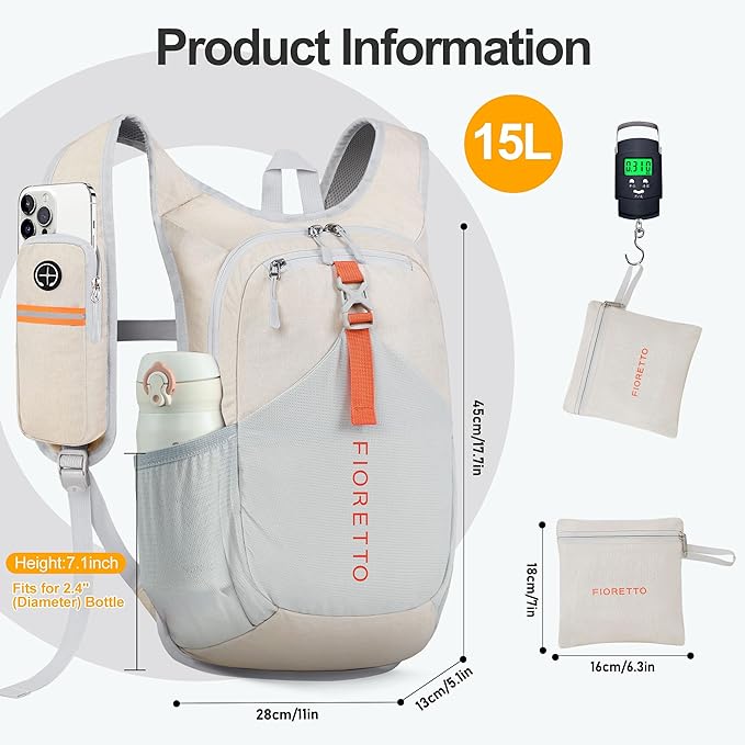 FIORETTO 10L/15L/20L Hiking Backpack for Women Men Mini Packable Backpack Lightweight Small Daypack for Travel Camping