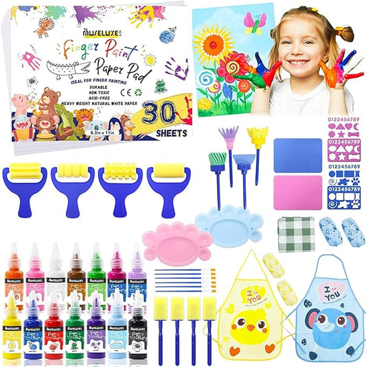 88 PCS Washable Finger Paint Set for Toddlers , 14 Colors Kids Paint Kit with Finger Paint Paper, Brushes, Rolling Tools, Cute EVA Templates, Waterproof Aprons & Palette — Non-Toxic Toddler Painting Set