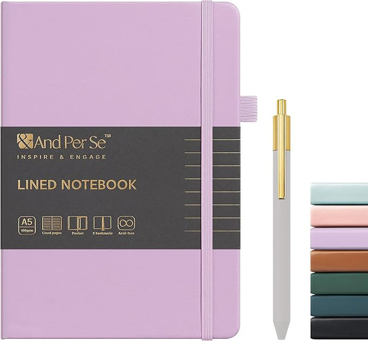 &And Per Se Lined Journal and Pen Set, A5 Leather Hardcover Notebook with Pen & Stationary Set, 160 Pages 100GSM Thick Ruled Paper Journal for Business Work Writing (Purple)