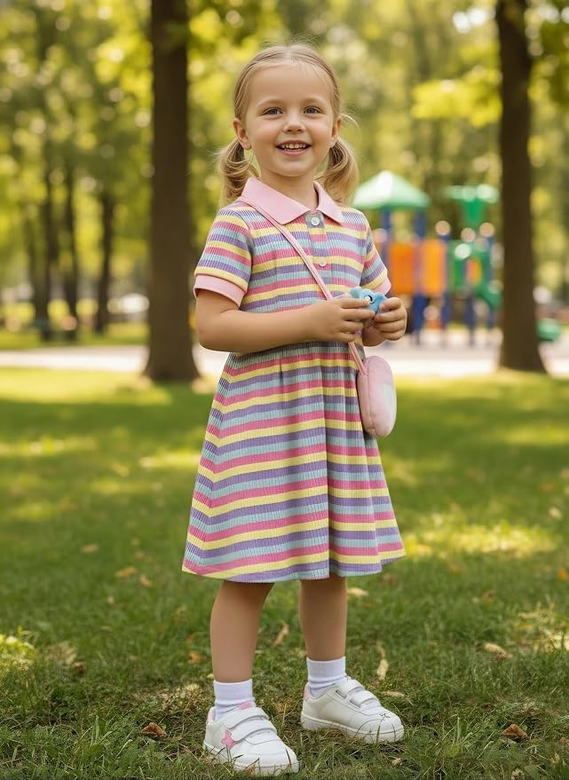 Renotemy Infant Baby Girl Dress Toddler Girls Summer Clothes School Outfits Cotton Short Sleeve Polo Dresses with Bag 12M-5T