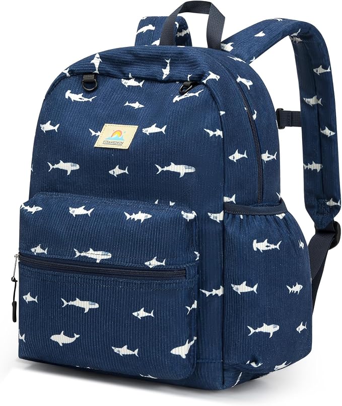 STEAMEDBUN Corduroy Kids Backpack for Girls and Boys 5-8: Girls Backpack for Elementary Kindergarten - 15 inch Cute Backpacks for Kids - Blue Shark