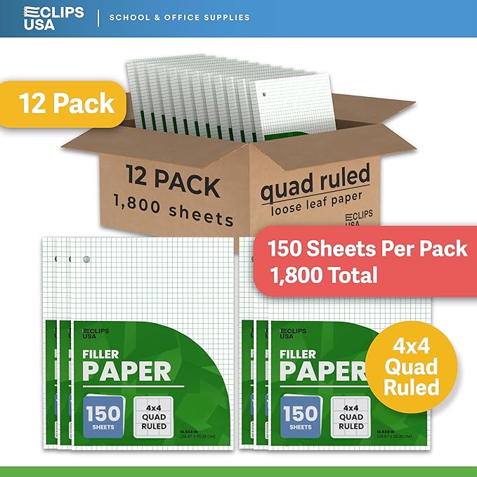 Graph Paper Loose Leaf Paper Quad Ruled Notebook Paper Quad Ruled 4” x 4” Square Lined Writing Filler Paper 10.5” x 8” 1800 Sheets 150 Sheets Per Pack 60 gsm (12 Pack)