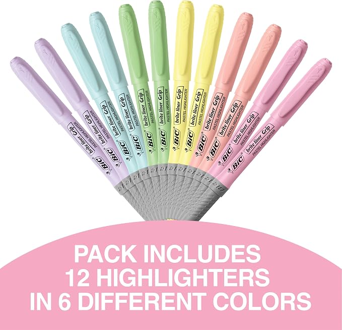 BIC Brite Liner Grip Pastel Highlighter Set, Chisel Tip, 12-Count Pack of Pastel Highlighters in Assorted Colors, Cute Highlighters for Bullet Journaling, Note Taking and More (Pack of 3)