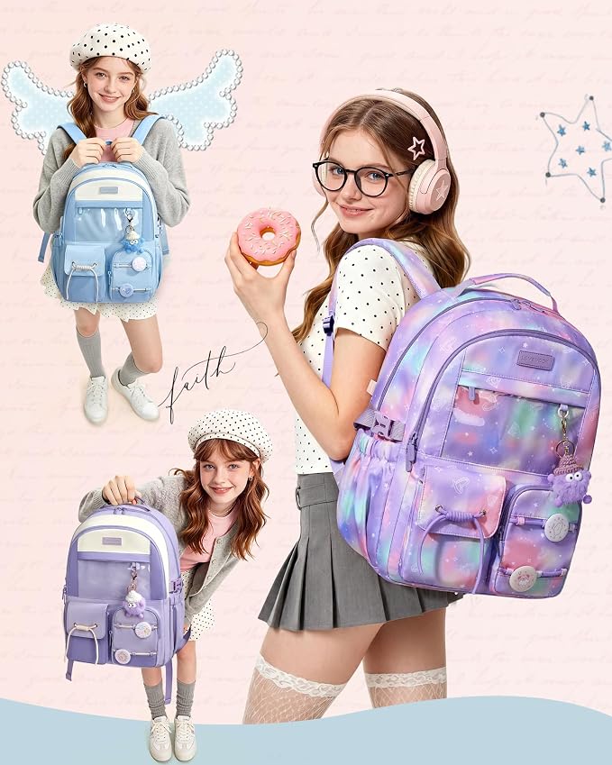 LOVEVOOK School Backpack for Girls Ages 8-16，Cute Student Bookbag for Teen Girls Kids Back to School with Cup Holder, DIY Ita Bag Fit 15.6 Inch Laptop for Elementary & Middle School