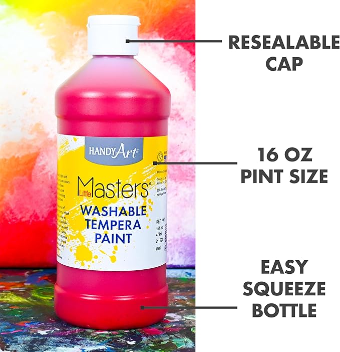 Handy Art Little Masters Washable Tempera Paint, 16 oz Bottles, Set of 6 Colors, Bright & Mixable, Washable Colors for Classroom, Students, Kids, Young Artists, Safe & Non-Toxic, Made in USA