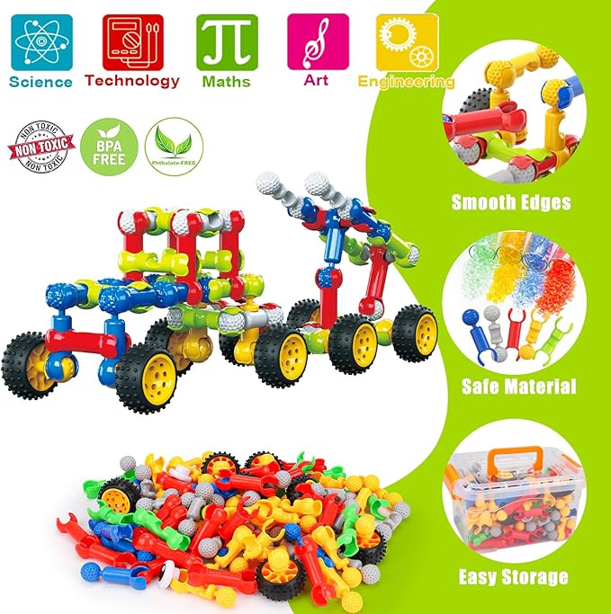 Kids STEM Building Blocks Toys for 4 5 6 7 8+ Year Old Boy Girl Birthday Gift, 186 Pcs Preschool Kindergarten Classroom Must Haves Supplies Educational Stem Bins Age 3-5 4-8 5-7 6-8 8-12 Creative Game