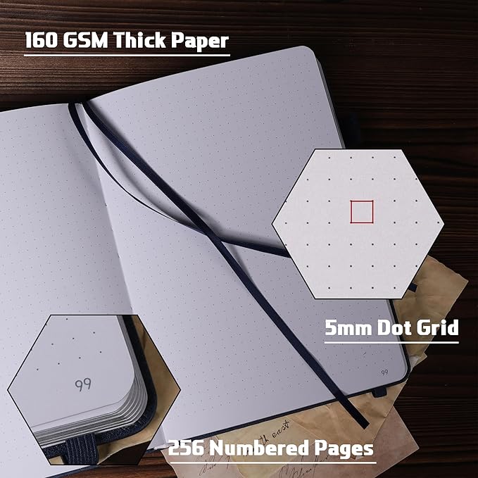 TIEFOSSI Dotted Journal Notebook, 160gsm 256 Numbered Thick Paper, A5 Hardcover Dotted Grid Diary for Women Men Work Writing, Journaling, Drawing, 5.8 x 8.3 in