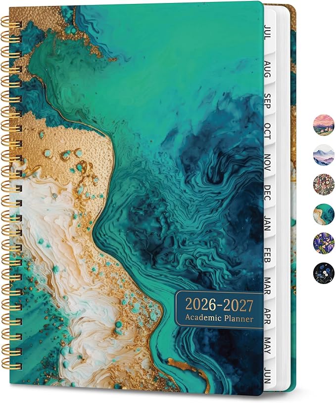 Planner 2026-2027, Monthly and Weekly Academic Planner July 2026 - June 2027, Hardcover Student Teacher Planning Agenda Calendar Book with Tabs, Perfect for Office School Supplies, A4 (8.5" x 11") - Emerald Shores