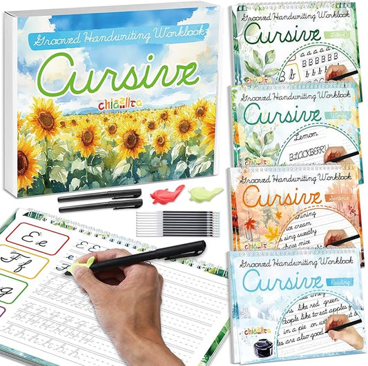 chiazllta 4 Pack Grooved Cursive Handwriting Practice Kit with Disappearing Ink Pens Magic Reusable Grooved Cursive Writing Workbooks Copybook for Beginners Kids (Words&Sentence&Reading&Letters)