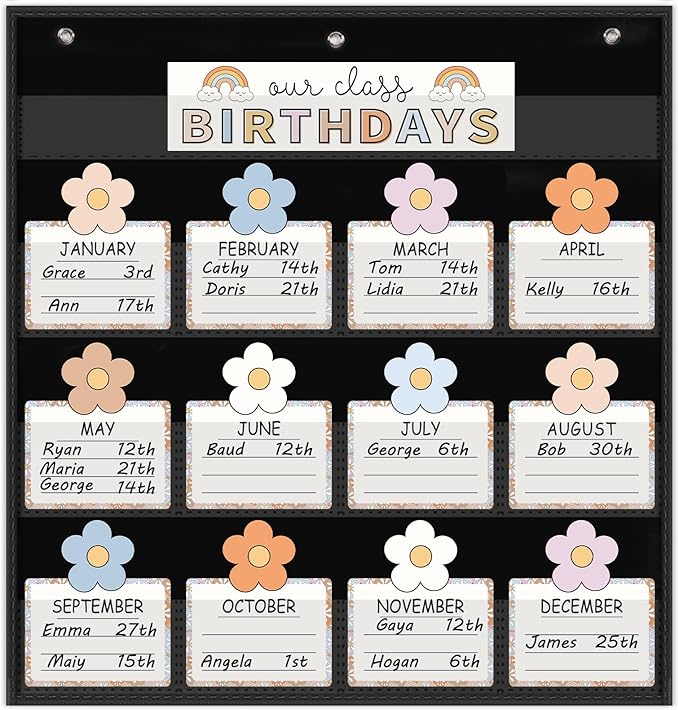 FYSUIMU Birthday Pocket Chart Pastel Boho Flower Month Cards Colorful Birthday Chart Calendars for Classroom Bulletin Board Chalkboard Wall Display