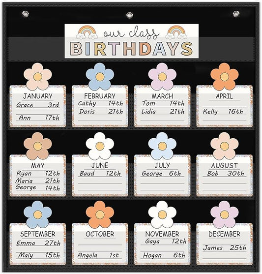 FYSUIMU Birthday Pocket Chart Pastel Boho Flower Month Cards Colorful Birthday Chart Calendars for Classroom Bulletin Board Chalkboard Wall Display
