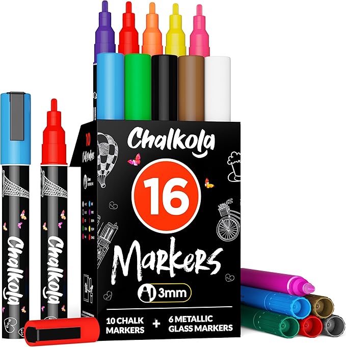 Chalkola Fine Tip Chalk Markers for Blackboard & Glass (Pack of 16, 3mm Reversible Tip) | Washable Window Marker, Liquid Chalk Pens for Wall Calendar Board, Mirror, Car | Chalkboard Markers Erasable