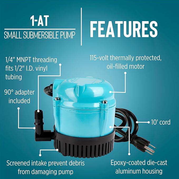 Little Giant 1-AT 115-Volt, 1/200 HP, 170 GPH Small Submersible Permanently Oiled Pump for Fountains, Water Displays and Air Conditioners, 10-Foot Cord, Blue, 500286