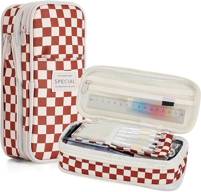 Bigmeta Gingham Expandable Pencil Case for Teens Girls - Caramel | Zipper Gusset for Adjustable Capacity, Checkered Cute Pencil Pouch, Stationery Bag Box for Student Back to School Gifts
