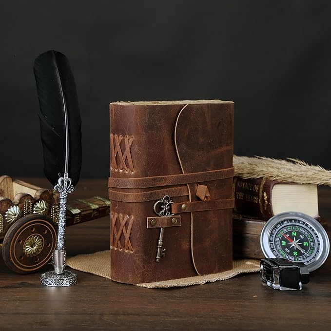 Leather Journal with Deckle Edge Paper 8x6 inch and Vintage Key | Handmade Writing Notebook Diary | Bound Daily Notepad for Men & Women Medium, Sketch/Writing pad for Artists