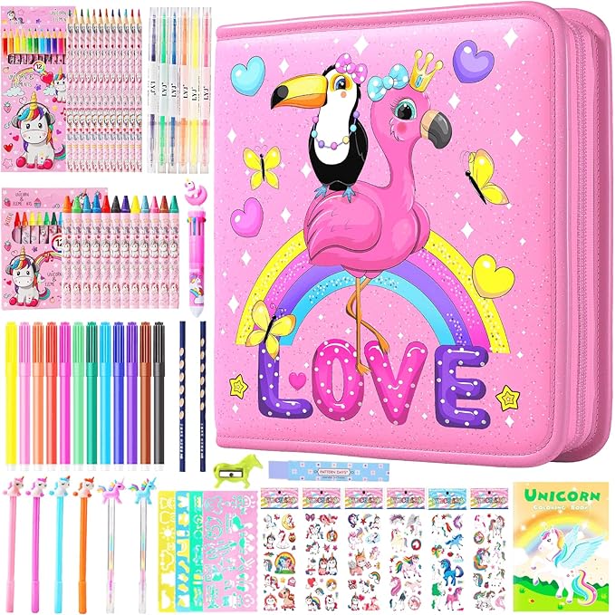 DOKKIA Fruit Scented Coloring Pens Markers Set 65 PCS Art Craft Drawing Case - Washable Kits Pencil,Gel Pen,Crayon&Coloring Book Supplies Flamingo Toucan Pink
