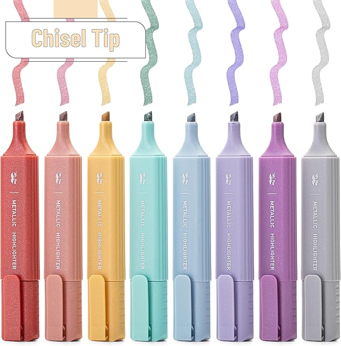 Mr. Pen- Glitter Highlighters, 8 Pack, Metallic Colors, Chisel Tip Highlighter Markers with Shimmer Finish, Smooth Writing Ink for Journaling, Note-Taking, Planning, School, Office & Creative Use