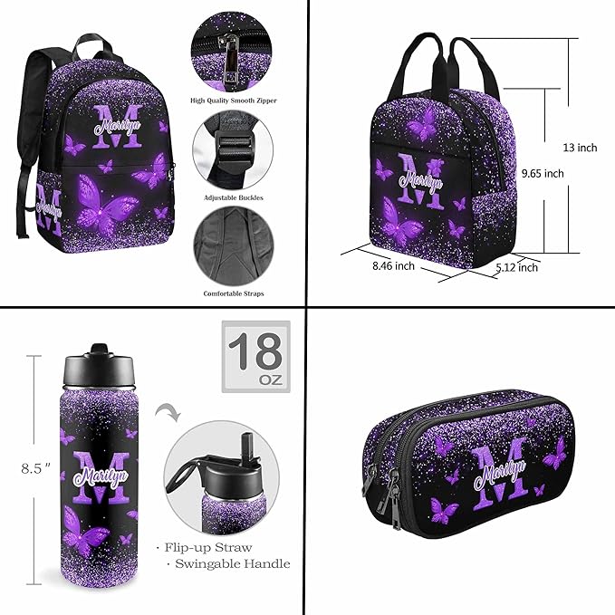M YESCUSTOM Custom Backpack for Girls, Butterfly Personalized Girls Backpack Customized Kids Bookbag with Name Elementary Middle Back to School Bags Travel Laptop Back Pack Casual Daypacks