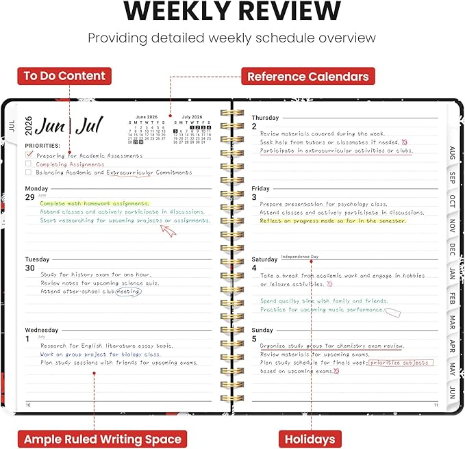 Planner 2026-2027, Academic Planner Weekly and Monthly, Jul 2026 - Jun 2027, Spiral Bound School Planning Tool with Tabs and Pocket, Perfect for Students & Teacher, 6.3" x 8.5", Skate Pup