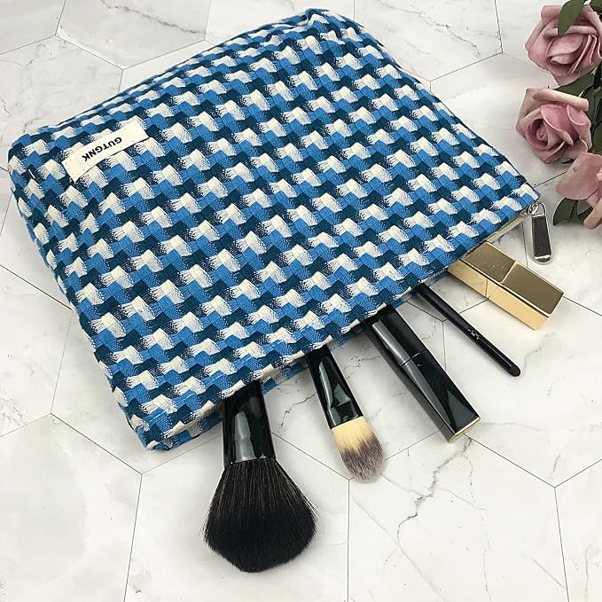 GUTGNK Corduroy Ladies Cosmetic Bag, Large Capacity Canvas Cosmetic Bag Travel Toiletry Bag Accessories Organizer, Blue Mesh