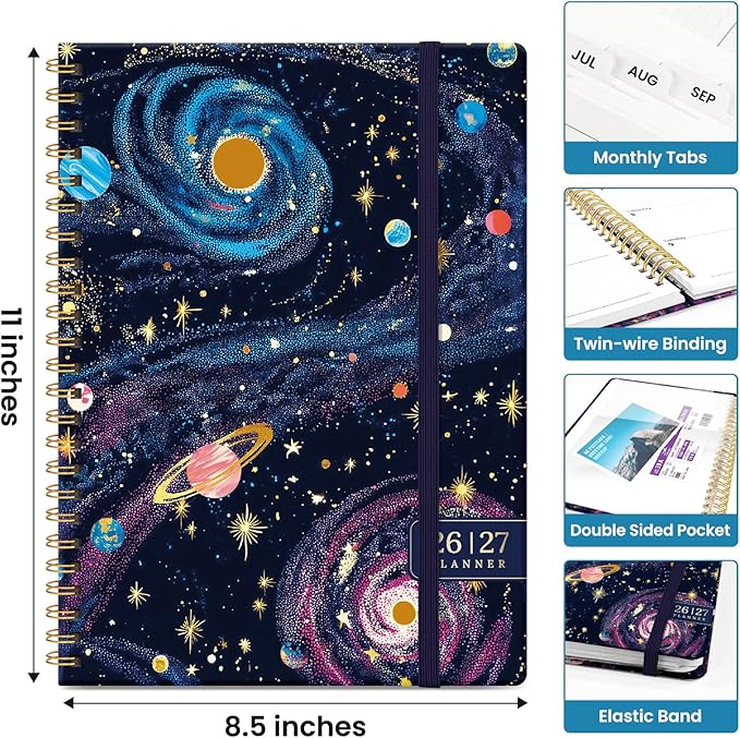 Planner 2026–2027, Academic Monthly Weekly Spiral Calendar, July 2026 – June 2027, Hardcover Agenda Notebook with Tabs, 8.5" x 11", Perfect for Students, Teachers, School & Daily Planning - Galactic Swirl
