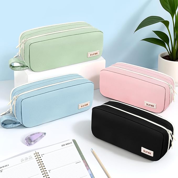 SUNEE Pencil Case, Large Capacity Pencil Pouch, Aesthetic Pen Bag Office Stationery Organizer Simple Sturdy Multifunctional for Teen Girls Women Men, Black