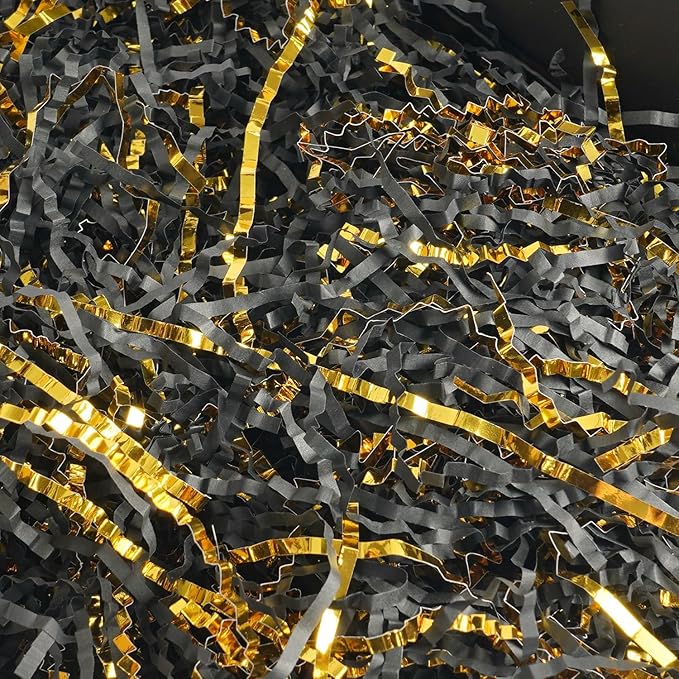 Uptotop 5oz Crinkle Cut Paper Shred Filler for Gift Wrapping, Gift Basket Filling, Perfect for Birthday, Christmas, Thanksgiving, Halloween, Easter, Valentine's Day, Mother's Day, Father's Day, Wedding & Holiday Decor, Black and Gold