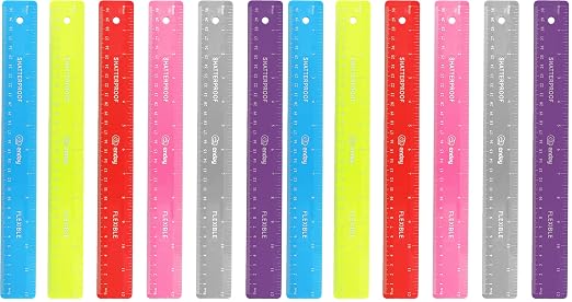 Emraw 12 inches (30 cm) Shatterproof Flexible Rulers Designed in Black, Blue, Green, Pink, Purple, and Orange - Great for School, Home, & Office – (12 Pack)