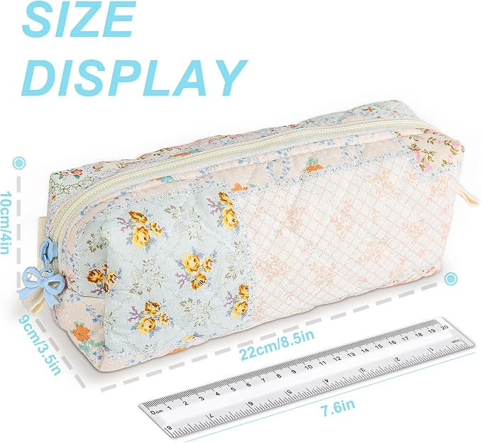 Cute Quilted Pencil Case for Women, Aesthetic Small Floral Pencil Pouch, Slim Soft Pencil Bag for Stationery Supplies & Daily Use（Blue Patchwork）