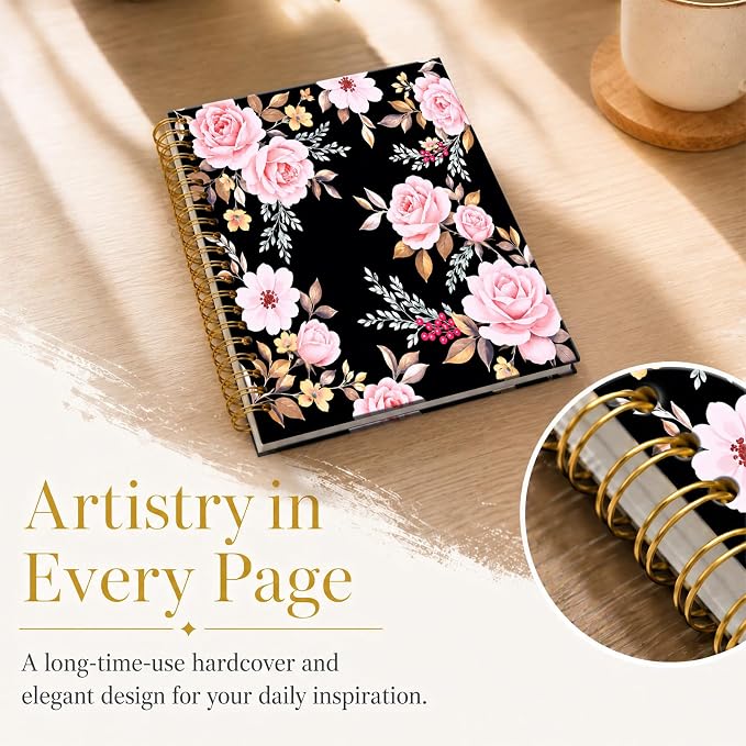 ATJFKIXL Cute Spiral Journal Notebook, A5 120 Page College Ruled Wirebound Notebook, Soft Cover for Students Office Notes and Planning - Black Rose Floral