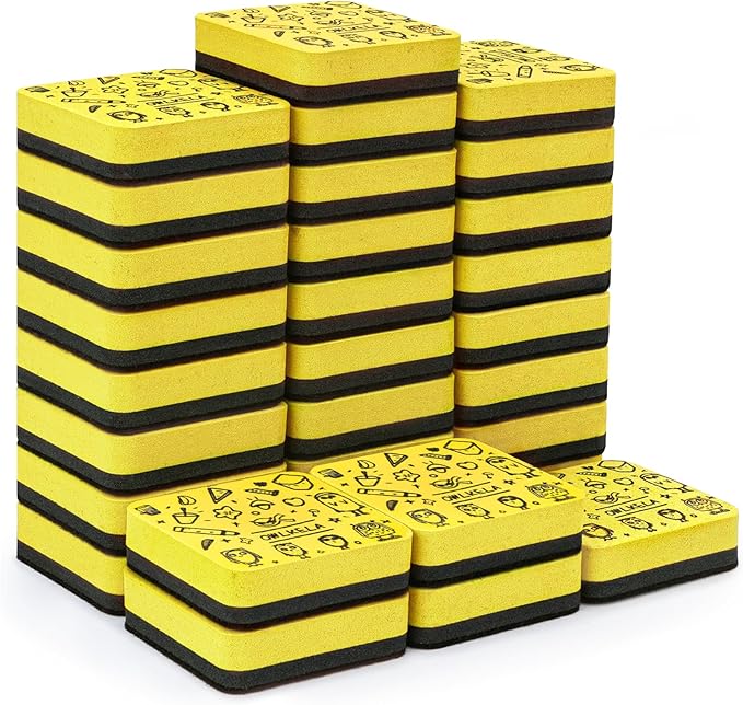 OWLKELA 30Pcs Dry Erase Erasers, Magnetic Whiteboard Eraser, Mini Whiteboard Cleaning Pads for Classroom, Office and Home, Yellow