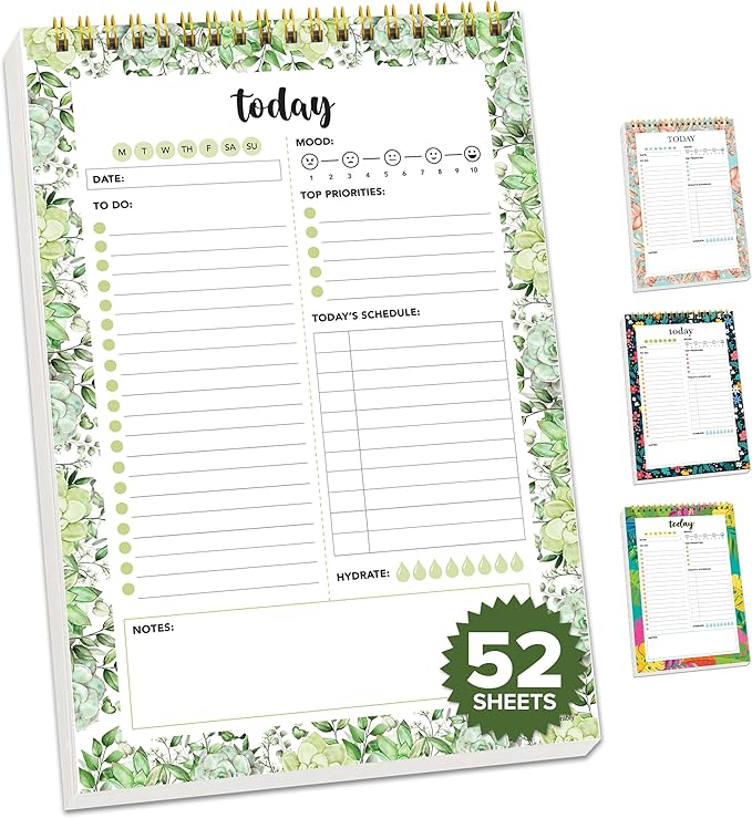 Decorably 52 Sheets Greenery Undated Daily to Do List Notepad with Water Tracker, 6.5x10" Spring-Bound Planner Pad, Easy Tear-Off Design, with Focus, Priorities, Habits, Notes & Doodles - Home, School