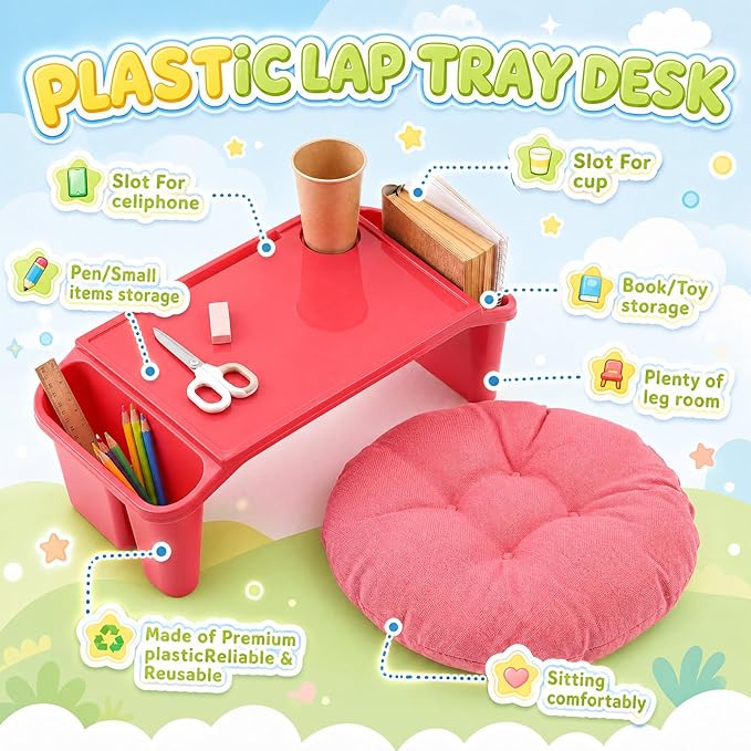 Supervitae 24 Pcs Kids' Lap Desk and Classroom Floor Cushions Set, Including Stackable Lap Tray 19.7 x 14.8 x 7.7'' & Floor Pillow 16'' for Classroom Kindergarten Daycare Nursery (Multicolor)