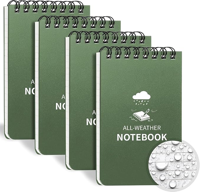 Waterproof Notebook, 4 Pack Pocket Notepad, 3" x 5" Top-Spiral Weatherproof NotePad, All Weather Police Pocket Notebook Mini Memo Steno Note Pads for Outdoor Office School Recording, Navy Green