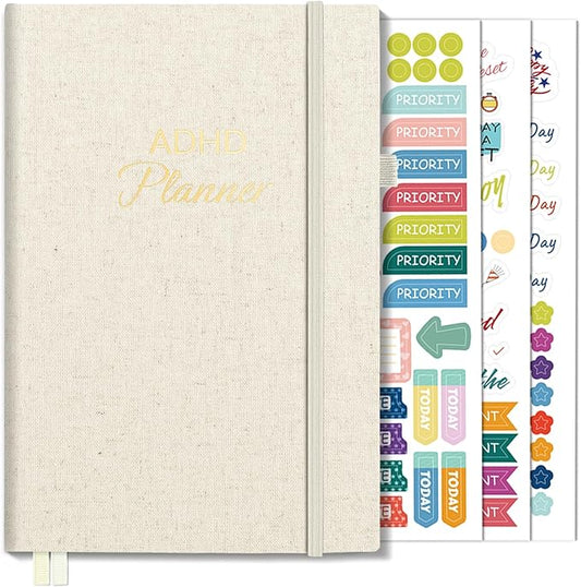 SUNEE Adhd Daily Planner for Adults,3-Month Undated Daily Weekly Monthly Planner for Productivity, Goal Setting, Time Management, Work & Life - for Men & Women,Vision Board + Stickers,Beige