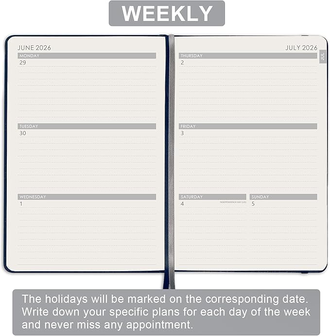 Artfan Planner 2026-2027 - Academic Planner 2026-2027, Jul. 2026 - Jun. 2027, 12-Months Weekly and Monthly, 5.75" x 8.25", Saffiano Leather with Thick Paper, Back Pocket with Notes Pages - Navy Blue