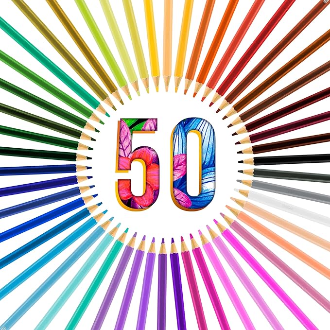 U.S. Art Supply 50 Piece Adult Coloring Book Artist Grade Colored Pencil Set -Vibrant Colors, Smooth Art Drawing, Sketching, Shading, Blending - Fun Activities for Students, Beginners, All Ages