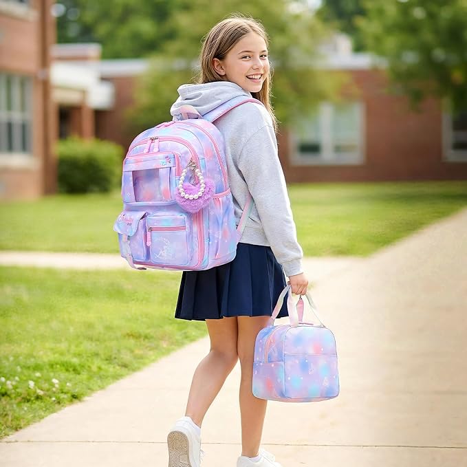 Alrisg Girls Backpack for Kids Elementary Middle School Cute Student Bookbag School Bag Purple Set