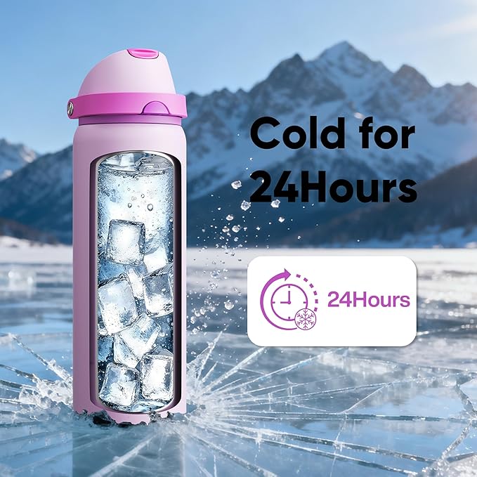 Insulated Water Bottle with Straw - Encool Stainless Steel Water Bottle with Push Button Lid, Leak-Proof & BPA-Free, Keeps Cold for 24 Hours for Sports, Travel, Gym (32 oz, Thistle-Fuchsia)