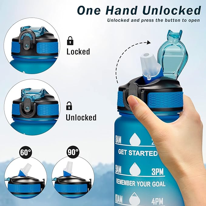 YC Kitchen Motivational Water Bottle with Time Marker - 32oz, Leak-proof BPA Free Sports Water Bottles with Straw & Carrying Strap