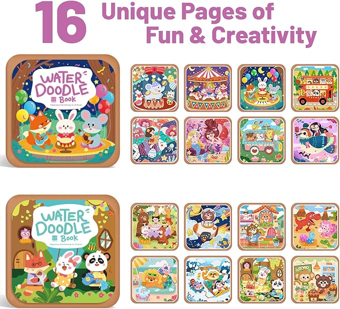 BlivEclat Water Coloring Book for Toddlers 1-3 - Mess Free Reusable Magic Reveal Montessori Painting Book with Water Pen - No Mess Paint with Water Activity for Kids Ages 2-4