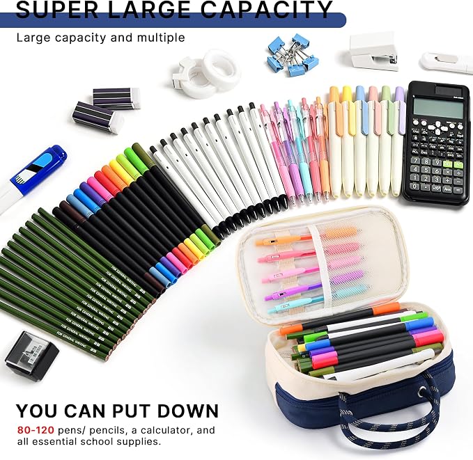 TOPBIDAI Large Pencil Case Pouch School Supplies for Girls Boy Women Men | Big Pencil Bag with 5 Compartments, Easy Grip Handle, Office College School Pencil Box