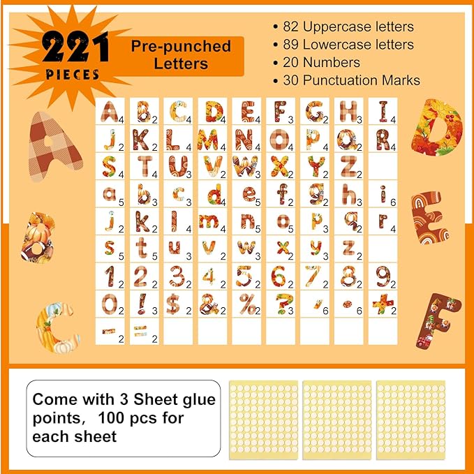 221 Pcs Fall Thanksgiving Bulletin Board Letters Round Alphabet Number Punctuation Symbol Combo Letter Cutouts Autumn Classroom Decoration for Thanksgiving Fall School Chalkboard Poster Board